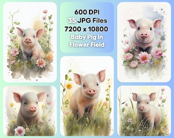 Baby Pig In Flower Field Watercolor Clipart, Cute Farm Animal JPG Bundle, Nursery Decor, Birthday Invitation, Commercial Use