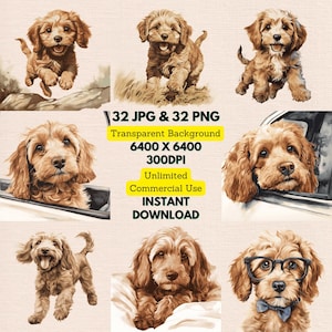 Puede incluir: Un conjunto de 32 imágenes digitales que muestran a un lindo perro marrón y blanco en varias poses. Las imágenes son de alta resolución y perfectas para usar en proyectos digitales.