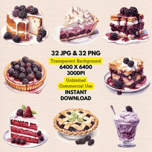 Blackberry Dessert Watercolor Clipart PNG JPG Bundle Instant Digital Download, Unlimited Commercial Use, Making Invitation Card, Paper Craft