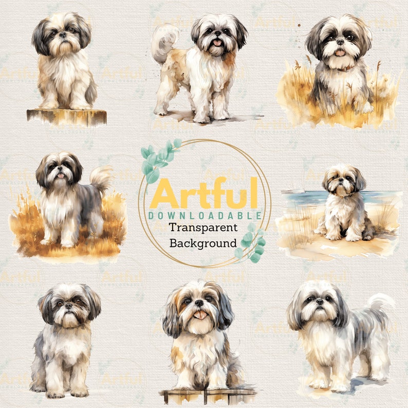 Cute Shih Tzu Watercolor Clipart Bundle DIY Birthday Invitation Card ...