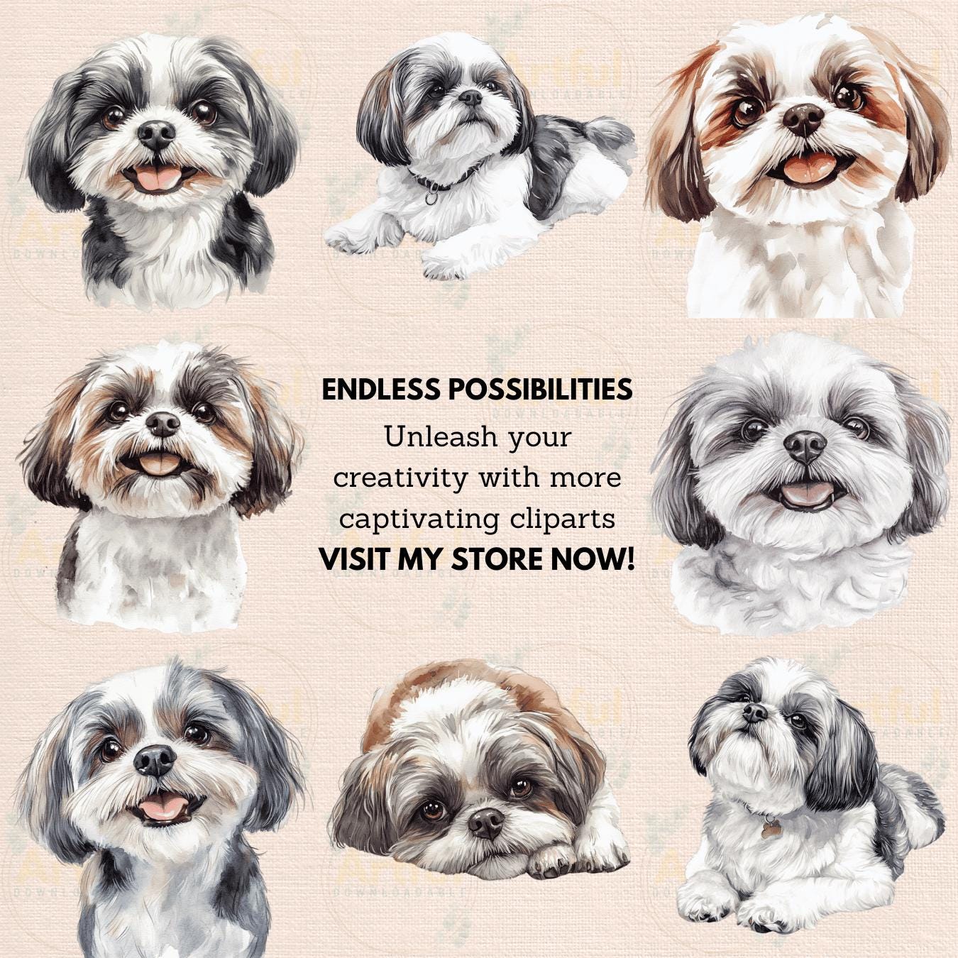 Shih Tzu Portrait Watercolor Clipart PNG JPG Bundle Birthday Invitation ...