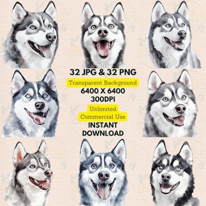 Siberian Husky Portrait aquarelle Clipart PNG JPG Bundle anniversaire inviter fabrication de cartes Scrapbooking Junk Journal imprimable chambre d'enfant décoration murale