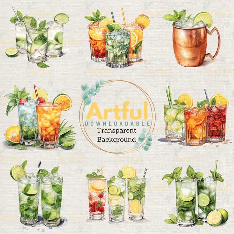 Summer Cocktails Watercolor Clipart PNG JPG Bundle Instant Digital ...