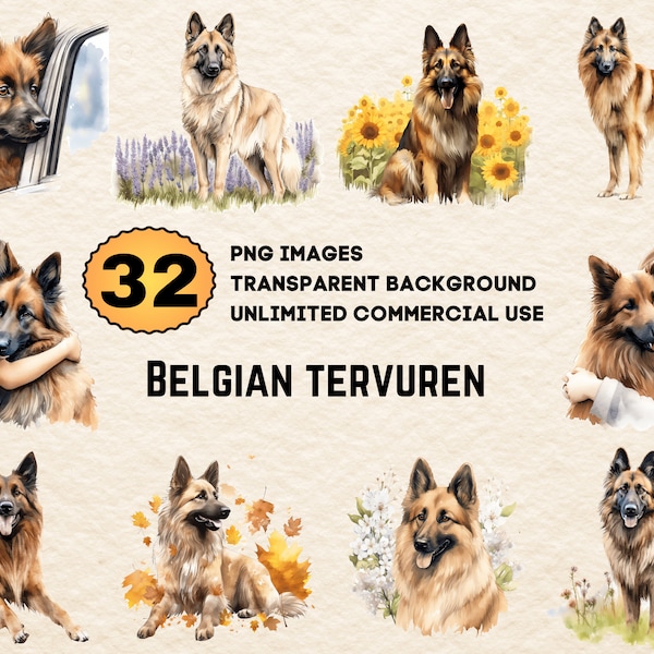 Belgian Tervuren Watercolor Clipart PNG JPG Bundle Instant Digital Download, Unlimited Commercial Use, Birthday Invitation Card, Paper Craft