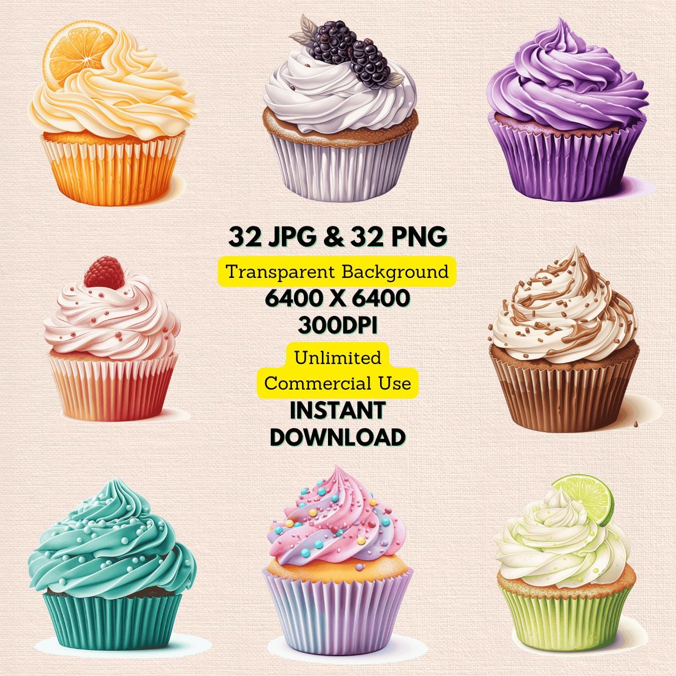 Cupcake Watercolor Clipart PNG JPG Bundle Instant Digital Download ...