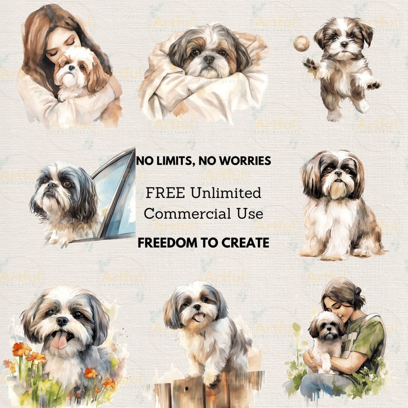 Cute Shih Tzu Watercolor Clipart Bundle DIY Birthday Invitation Card ...