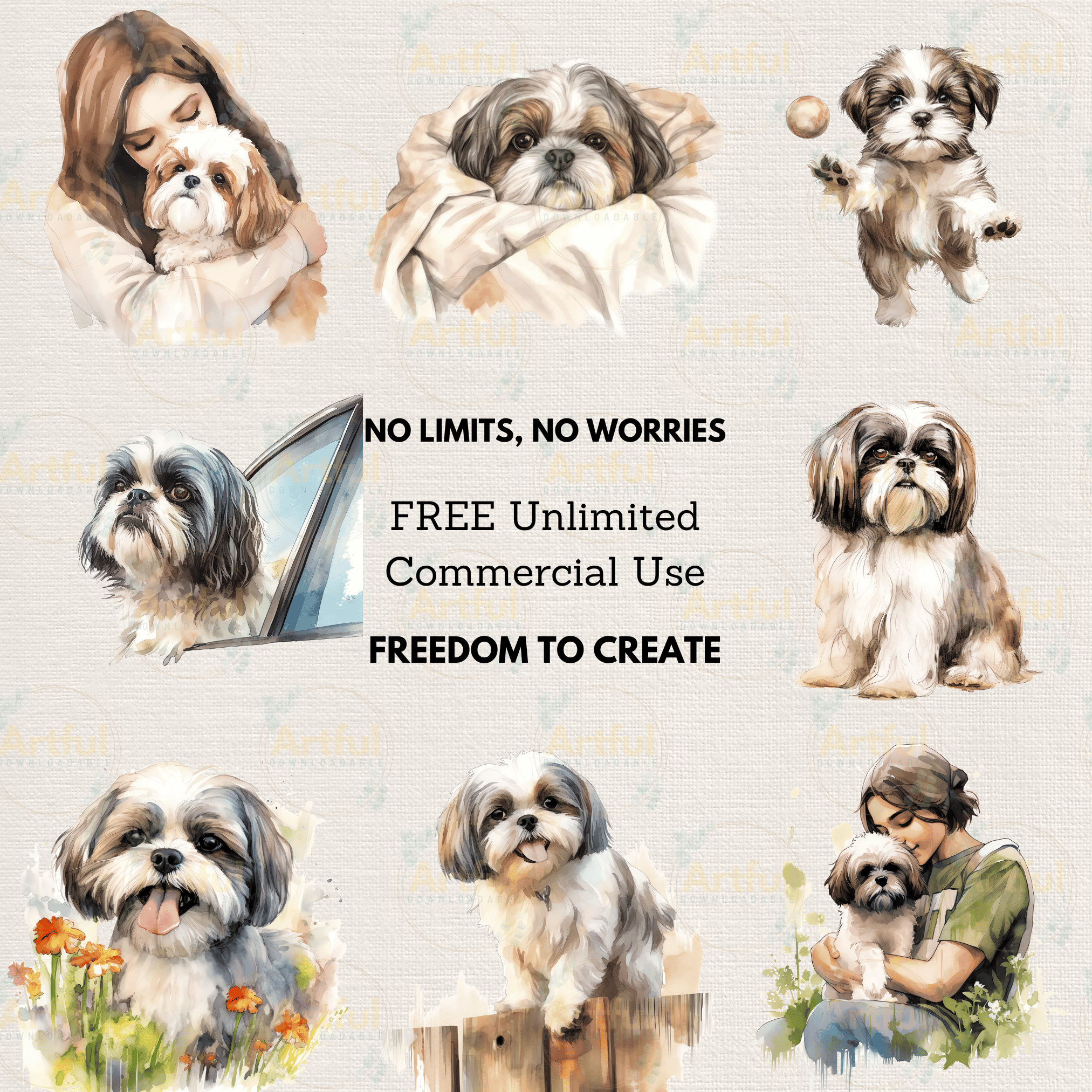 Cute Shih Tzu Watercolor Clipart Bundle DIY Birthday Invitation Card ...