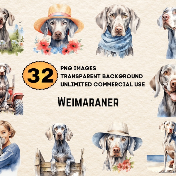 Weimaraner Watercolor Clipart PNG JPG Bundle Instant Digital Download, Unlimited Commercial Use, Making Birthday Invitation Card Paper Craft