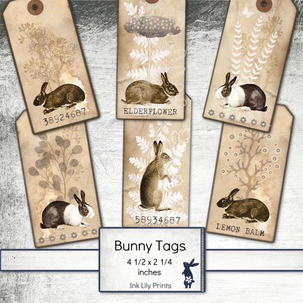 Digital French Rabbits Tag, 6 Tea Stained Scrapbooking Embellishments, Hare Printable, One Page Digital Collage Sheet