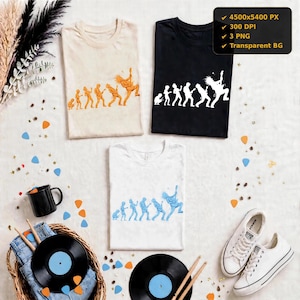 Puede incluir: Tres camisetas en beige, negro y blanco, cada una con un gráfico de la evolución de un guitarrista. La camiseta negra muestra el texto en blanco: 4500x5400 PX, 300 DPI, 3 PNG, Transparent BG. Las camisetas están dispuestas con discos de vinilo.