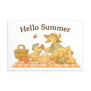 Hello Summer Postcard – Cute Duck Family Picnic, Vintage Summer Greeting Card