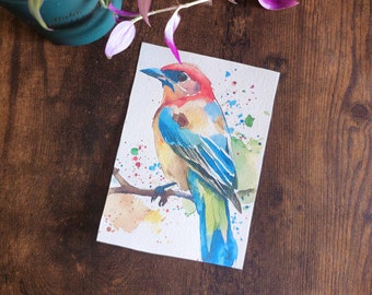 Watercolor card, bird, stampa A6, cartolina stampata, acquarelle sketch