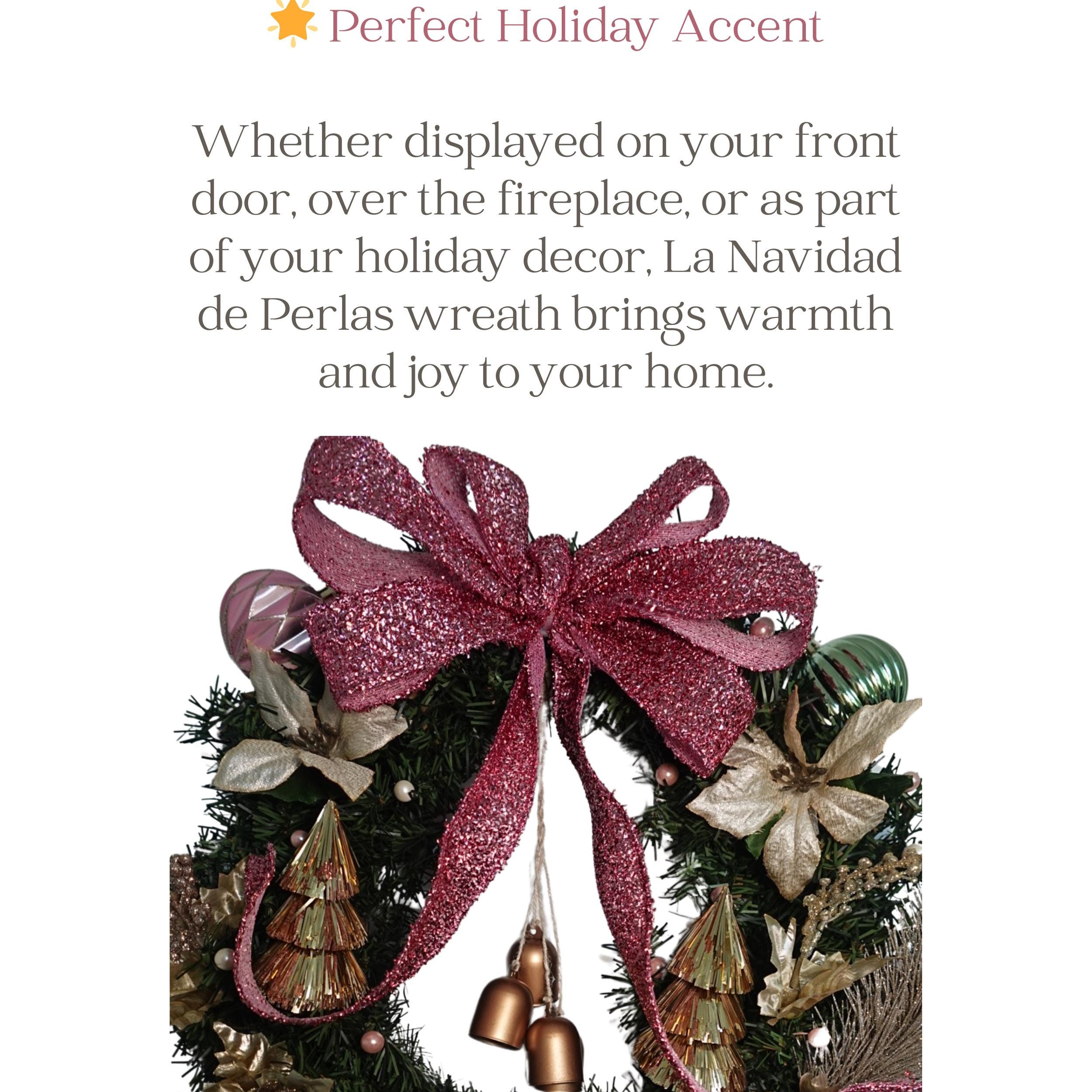Poinsettias Christmas Wreath - Pink & Gold Ornaments, Pearl Berries ...