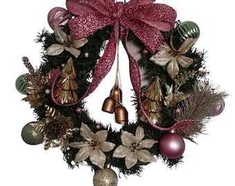 Poinsettias Christmas Wreath - Pink & Gold Ornaments, Pearl Berries, Pine Holiday Decor, Luxury Front Door Wreath, Festive Seasonal Decor