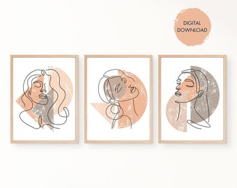 Set Of 3 Abstract Female Face Line Drawing, Downloadable Art