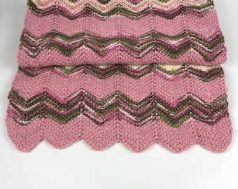 VTG Hand Crocheted Afghan Pink Chevron w White 60" x 19" Bed Scarf Runner