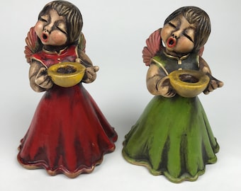 X2 VTG THUN BOLZANO Singing Angel Candle Holders Red Green Italy Ceramic 8"
