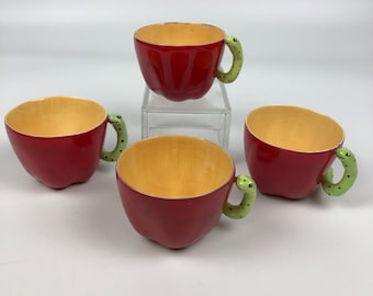 X4 VTG Red Apple Cups w Green Worm Handles Yellow Inside RARE Red Green NOVELTY Unique Cute Herb or Small Planter