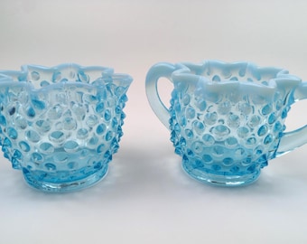 VTG FENTON Blue Opalescent Hobnail Ruffled Sugar Bowl & Creamer Set Glass