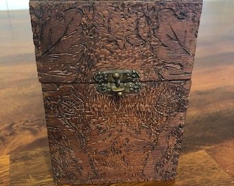 VTG Art Wood Burned Cigar Trinket Box w Metal Clasp and Hinges - Cigar, Trinket, Whatnot Box - leaves and forest/timber decor