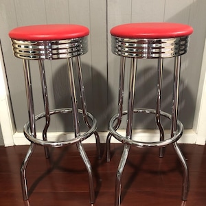 Pair of Retro Red Padded Chrome Bar Stools Diner Style Kitchen Counter Seating