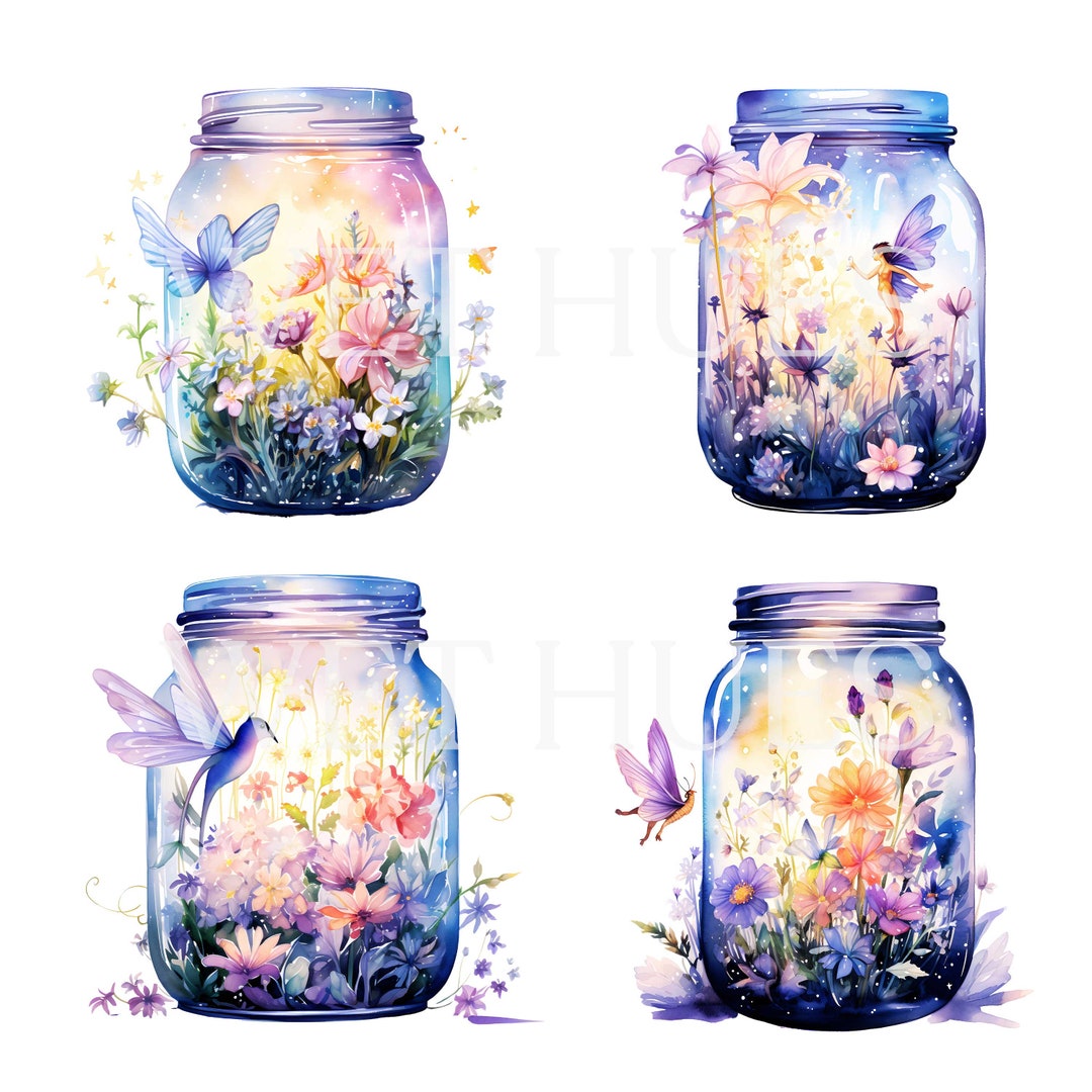 Watercolor Mason Jar PNG, Fairy and Flowers Clipart (digital Download ...