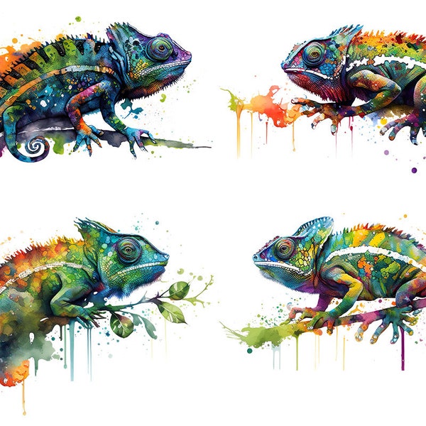 Chameleon Watercolor, Digital Downloads, Chameleon Clipart, Chameleon PNG, Chameleon wall art, Safari prints, Sublimation