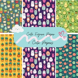Op de afbeelding: Vijf vellen papier met patronen met schattige cartoonillustraties. Ontwerpen omvatten cactussen, harige wezens, avocado's, ananassen en watermeloenen. De tekst "Cute Figure Paper" en "5 Cute Papers" is ook aanwezig.