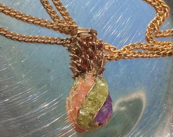 Vintage Semi-precious Stone Encrusted Pineapple Gold-tone Pendant on Long 24-inch gold-tone Chain