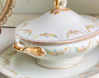 Vintage Limoges France Lidded Tureen: Wm Guerin & Co Floral Garland