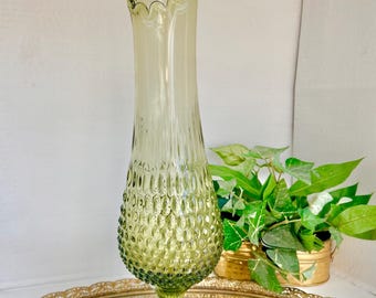 Mid-Century Fenton 17 inch Glass Swung Vase: Avocado Green Hobnail, 1960s