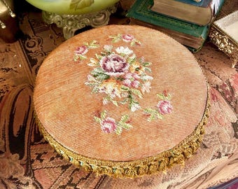 Vintage Floral Needlepoint Foot Stool