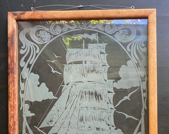 Vintage Etched Clear Glass Sailing Ship and Mermaids - Artwork with Wood Frame