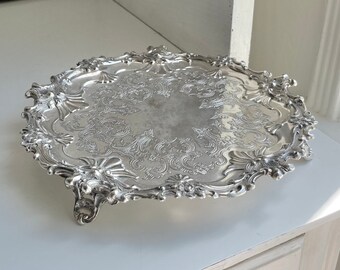 Vintage Corbell & Co Silver plated Salver - Three footed small tray / plate, ornate Sheffield silverplated serve ware.