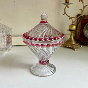 Vintage Westmoreland Ruby Flashed Swirl Lidded Candy Dish - Pedestal Covered Dish with Pointed Lid Logo Embossed