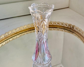 Vintage Pressed Glass Bud Vase - Fluted Ruffled Rim, Diamond Cut