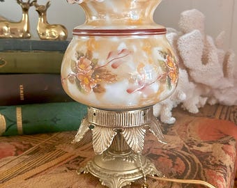 Small Vintage Milk Glass Hurricane Lamp: Brown and Tawny Floral