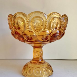 Vintage LE Smith Moon and Stars Amber Glass Pedestal Stem Compote