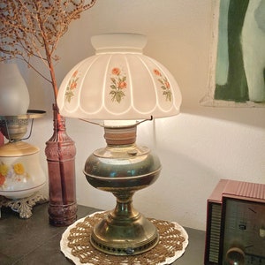 Vintage Converted Brass Oil Boudoir Lamp - Milk Glass Shade with Pink Roses Applique