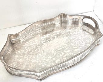 Mid-size English Vintage Silverplate Tray Reticulated raised Rail Fisher, Sheffield