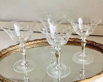 Set of 4 Vintage Etched Crystal Champagne Coupes - Elegant Crystal Glass Stemware