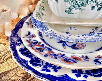 Antika engelska, franska transferware- och Flow Blue-fat - Välj bland olika