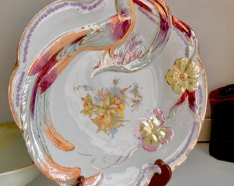 Vintage Bavarian Porcelain Bowl: Hand-Painted Bird & Floral Luster Dish