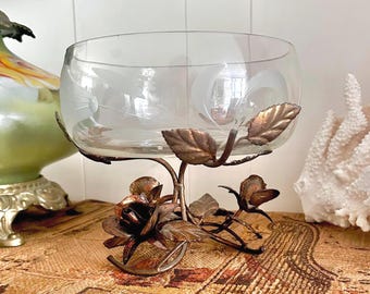 Vintage Gilt Tole Floral Stand with Etched Glass Centerpiece Bowl
