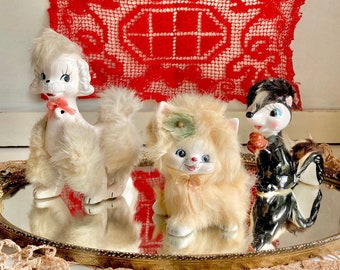 Midcentury Anthropomorphic Ceramic Dog, Cat, Skunk - Hand painted, applied Fur - Japan - Choose from 3