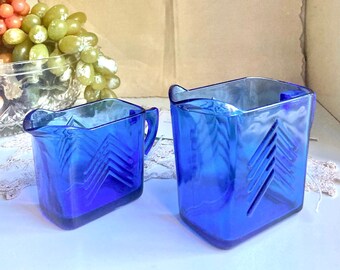 Set of 2: Vintage Hazel Atlas Cobalt Blue Glass Pitchers - Creamers of two sizes, 3"& 4" - Chevron Pattern by famed American Glass Co.