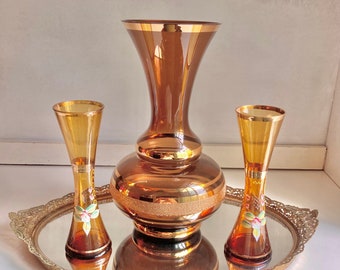 Vintage Bohemian Czech Amber and Brown Gilt Glass Vases - Choose from 2 styles