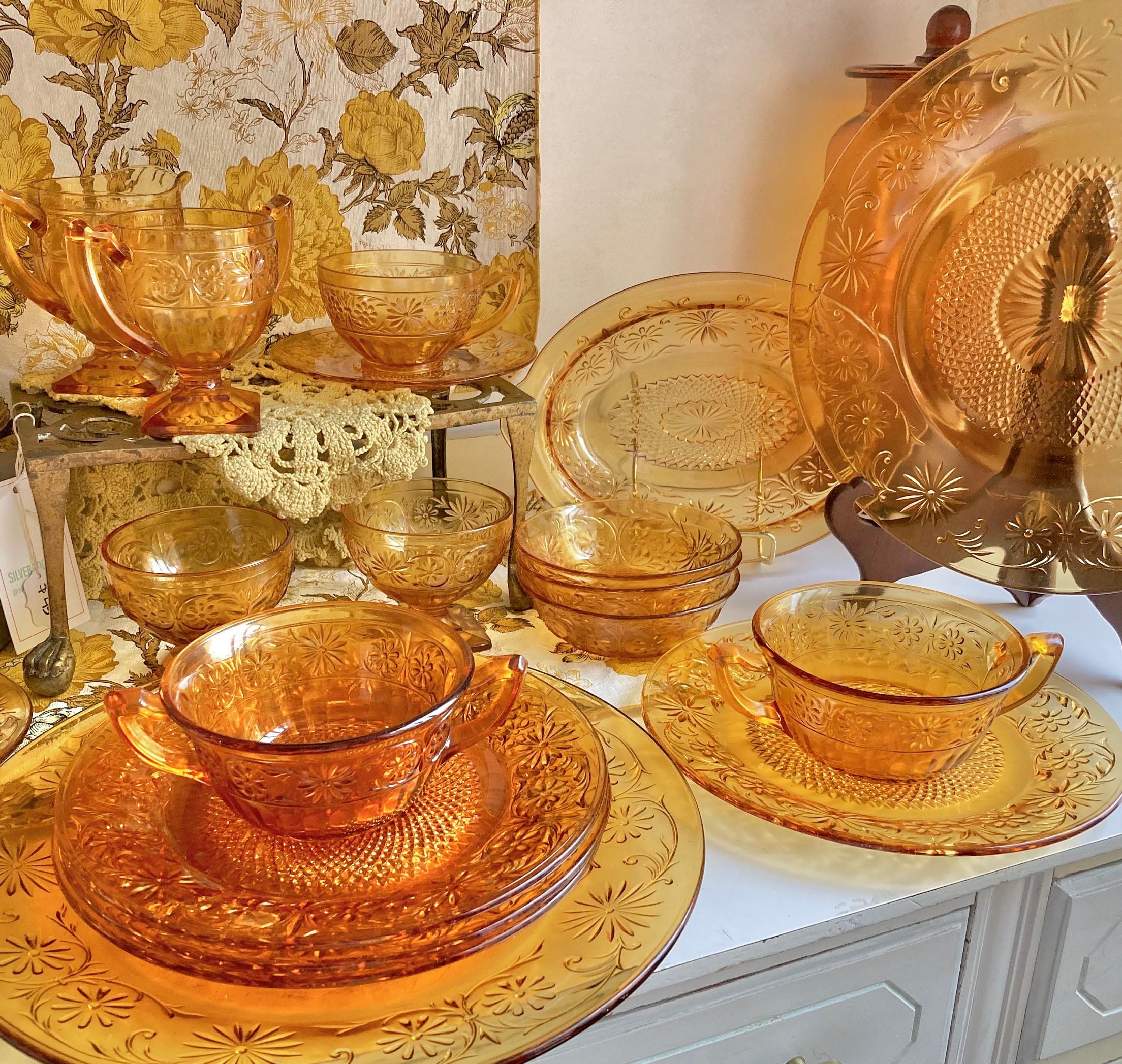 Indiana Glass 70s ヴィンテージ ガラス皿 5枚セット Vintage Indiana Glass Co. Daisy Amber Dishes - Choose From Various