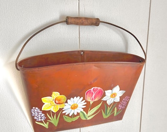Wall-hanging Metal Letter Holder with Hand-painted Flowers, Basket Handle