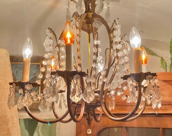 1970年代のヴィンテージ、真鍮とカットガラスを使用した豪華な6灯